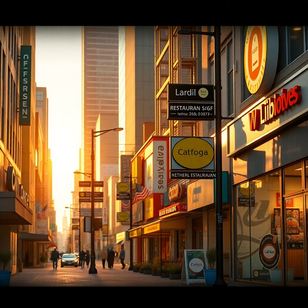 A hyperrealistic image (ultra-detailed, 8K resolution) showcasing a vibrant city street scene with various businesses. The image is captured from a slightly elevated angle, providing a broad view of the street. Warm, golden-hour lighting creates a positive, welcoming mood. The color palette features rich, saturated tones, emphasizing the energy of the city. The scene includes prominent signage with business names clearly visible, featuring the businesses' logos and addresses, with clear map markers.  The image depicts a mix of businesses—retail shops, restaurants, and offices—to illustrate a diverse local community.  Elements of local culture, architecture, and landmarks subtly integrate into the background. The image should have a cinematic style similar to a National Geographic documentary, capturing the real-life feel and vibrancy of the local business environment, with crisp textures and details visible in every element, from the pavement texture to the signage design. Highlighting the seamless integration of online presence and physical businesses.