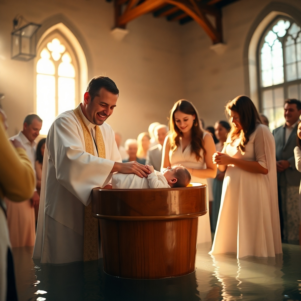 A hyperrealistic, ultra-detailed 8k photograph of a baptism ceremony in a rustic, sun-drenched church. Soft, warm light streams through arched windows, illuminating a wooden font overflowing with pure, clear water. A baby, swaddled in a white gown, is being gently immersed in the water by a smiling priest. The parents stand nearby, their faces filled with love and joy, while other family members and churchgoers watch with tenderness and reverence. The scene is rich in natural textures: smooth, warm tones of the wooden font and pews; the soft fabric of the baby’s gown; and the subtle wrinkles on the faces of the congregants. The camera angle is slightly low, capturing the intimacy of the ceremony.  The color palette is warm and inviting, a blend of soft pastels and golden hues. The environment evokes a sense of peace, serenity, and hope.  The overall style should be reminiscent of the photography of Steve McCurry, emphasizing the human element and the emotional depth of the moment.
