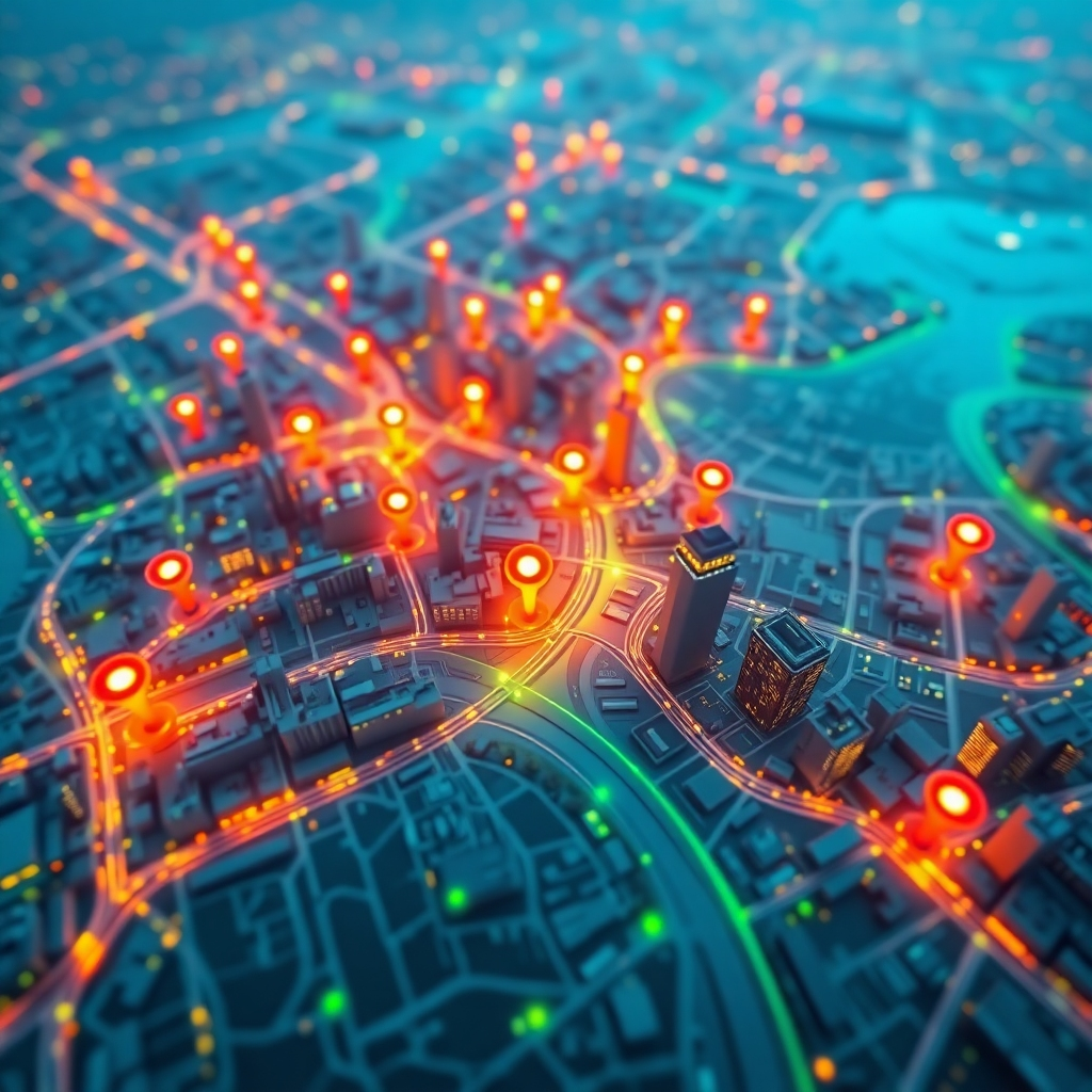 A hyperrealistic, ultra-detailed 8K image depicting a stylized map of a city with vibrant, glowing pins marking key locations.  These locations represent high rankings in local search results. The color palette is bright and energetic, featuring deep blues, greens, and oranges to highlight the pin locations.  The lighting is soft and diffused, emphasizing the digital map's intricate details.  The camera angle is a bird's-eye view, emphasizing the city's sprawl and the strategic placement of the pins.  The map's texture should be smooth, with a subtle glossy finish to give it a technological feel.  The background could subtly incorporate a cityscape.   The overall mood should be optimistic, innovative and technologically driven.  The pins should appear interactive and dynamic, like clickable elements. Style reference: Syd Mead. The image should project a clean, sophisticated look, emphasizing precision and data visualization.