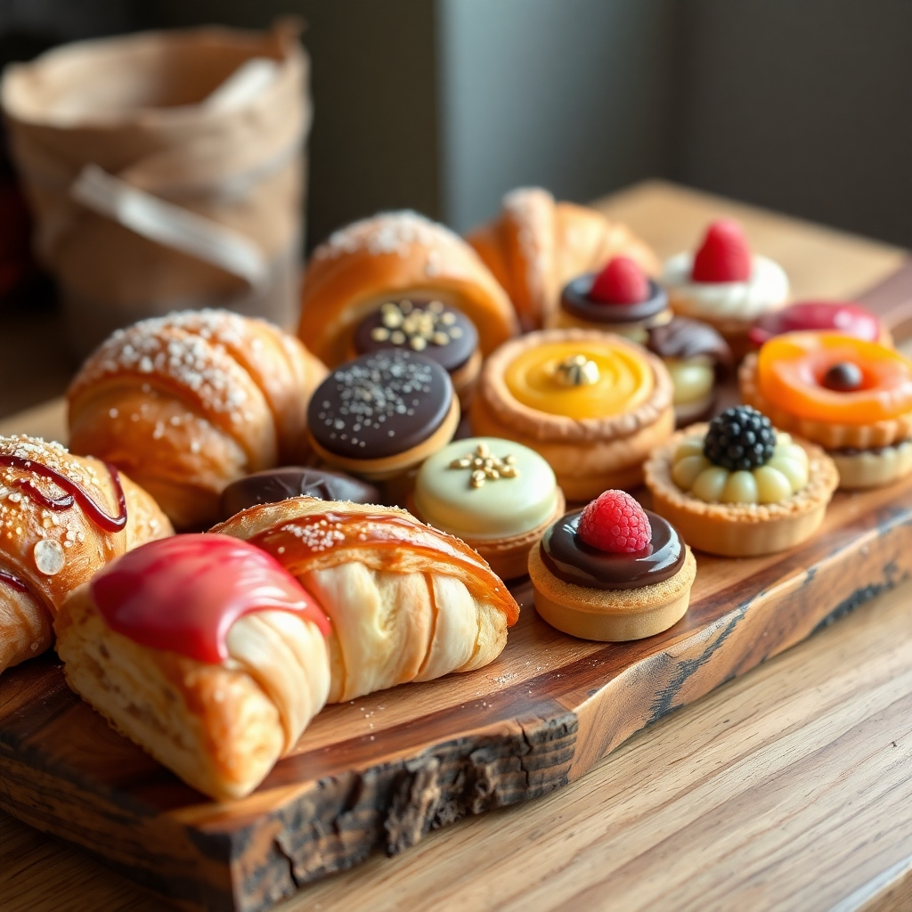 A meticulously arranged assortment of artisan pastries on a rustic wooden board. Include a variety of pastries like croissants, pain au chocolat, macarons, and fruit tarts, showcasing a variety of colors, textures, and shapes. The background should be softly blurred, and the lighting should be bright and inviting, highlighting the glossy textures and rich colors of the pastries.  The style should be photorealistic with a focus on detail and visual appeal.