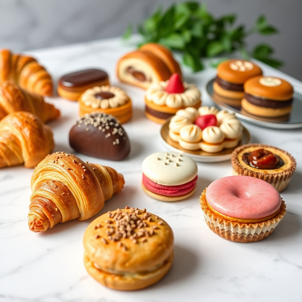 A meticulously arranged display of various pastries: croissants, pain au chocolat, macarons, and tarts. Each pastry should be sharply focused and showcase its texture and detail.  The background should be a clean white marble countertop with some subtly blurred greenery. The lighting should be bright and even, emphasizing the colors and textures of the pastries. The style should be photorealistic and high-resolution.