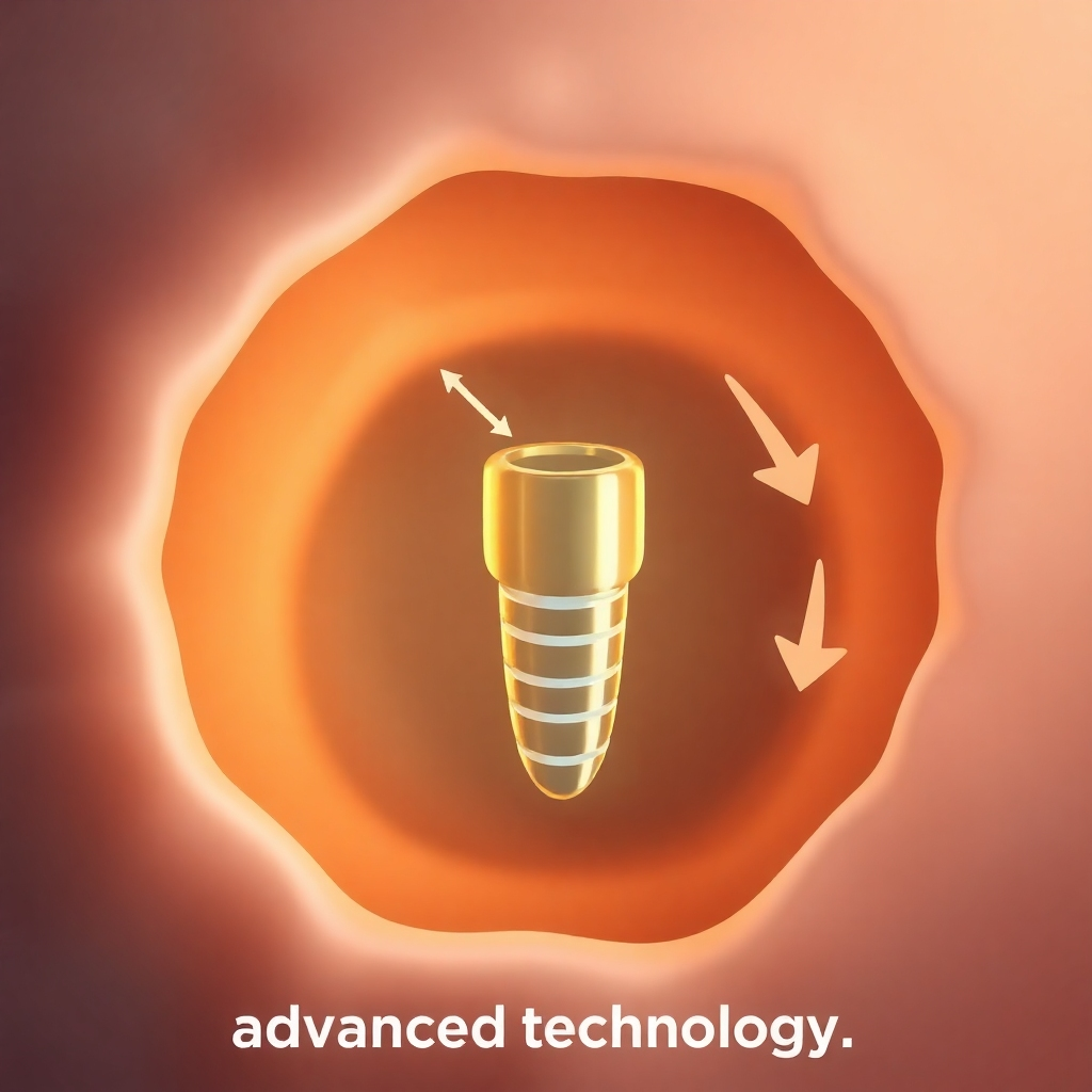 A microscopic, stylized image showing the detailed implantation process with a friendly and warm tone. It should emphasize advanced technology.