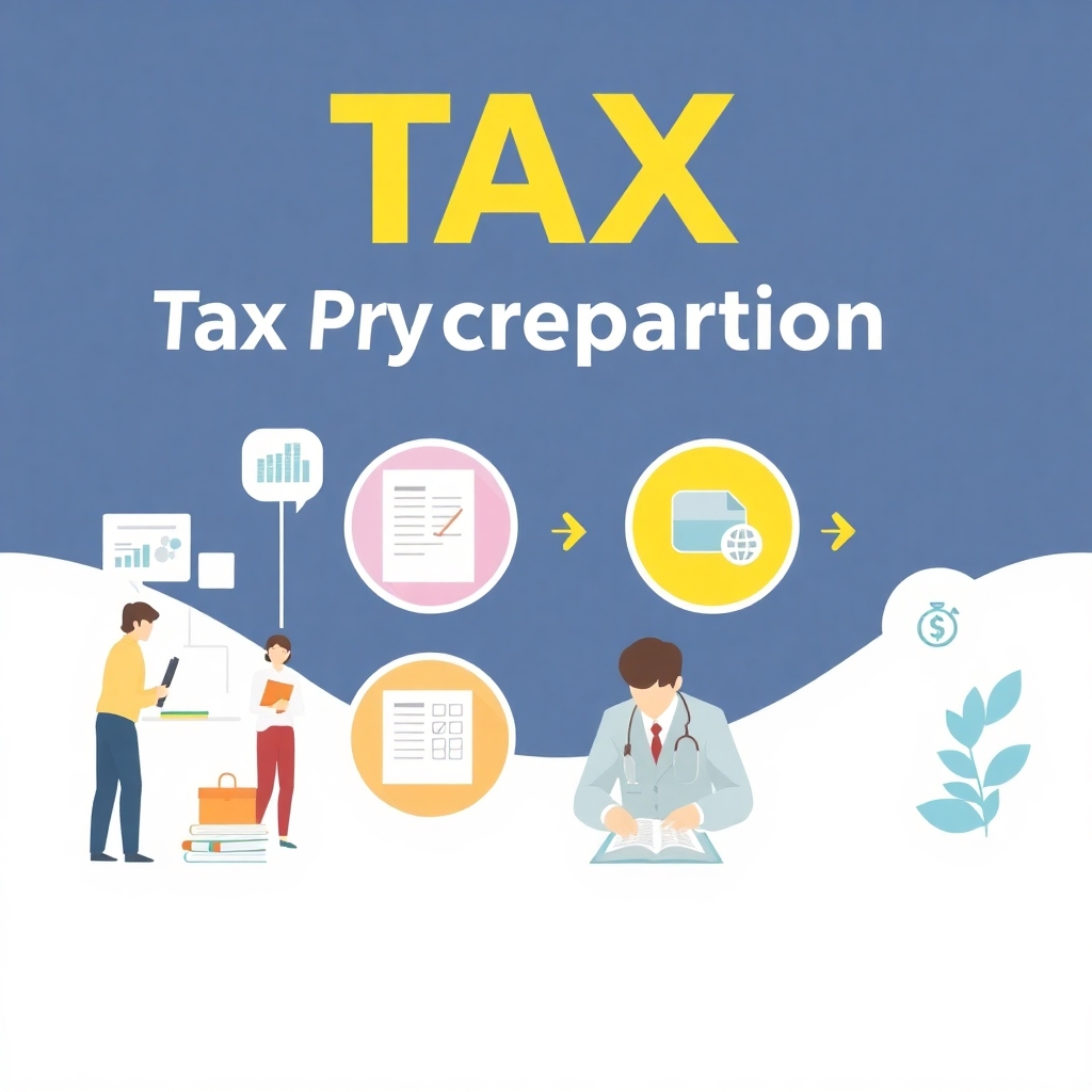 A modern graphic depicting the tax preparation process.  The style should be visually appealing to the general public, emphasizing efficiency, and clarity.  The color palette should be a mix of neutral and warm tones, with a professional feel.  Technical specs: 4k resolution, high quality, focus on clean graphics.