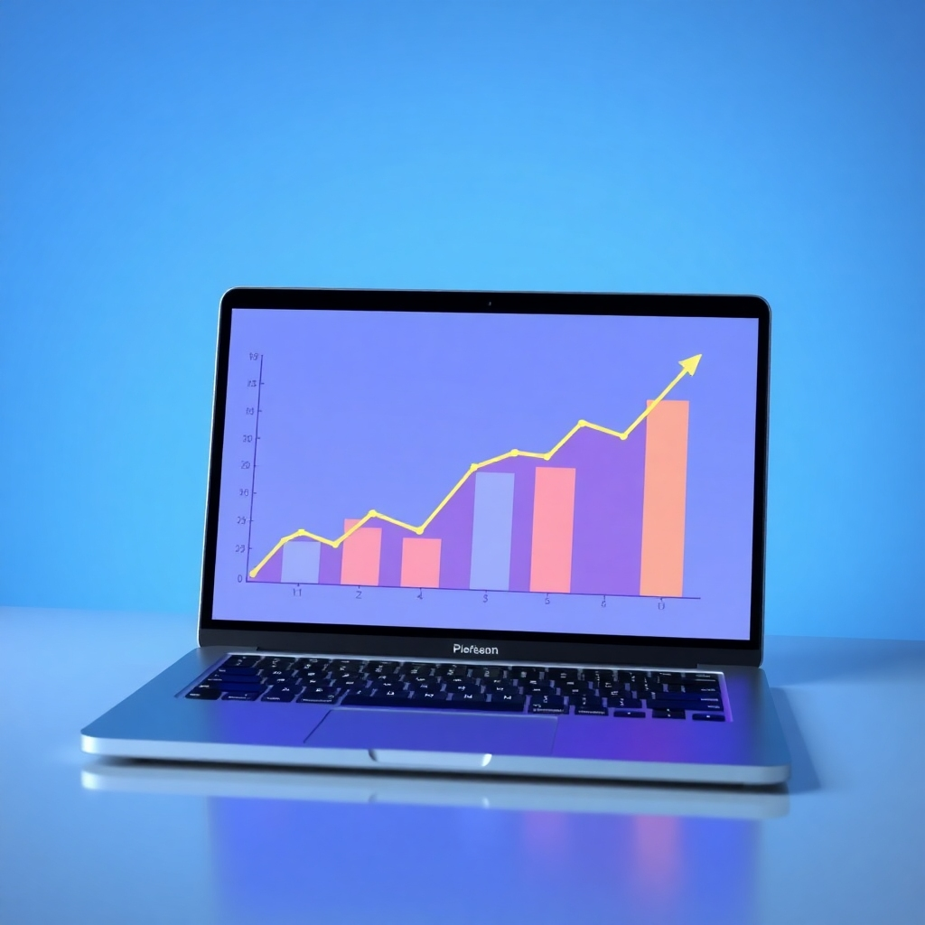 A modern image showing a laptop screen with a dynamic sales chart.  The image conveys positive and increasing performance.