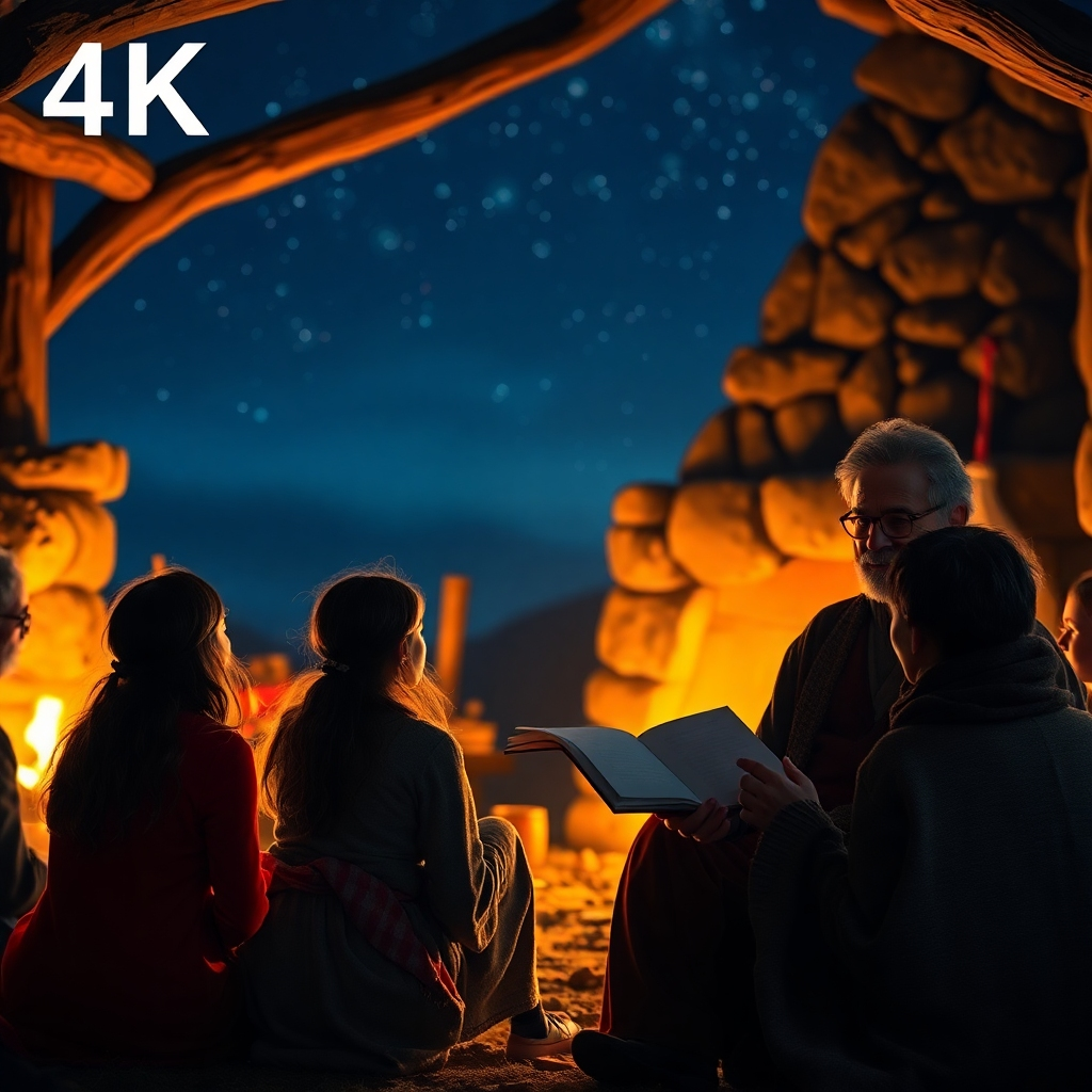 A photorealistic 4K image showcasing a storyteller narrating a tale. The setting could be simple: A storyteller sitting by a fireplace or under a starry night with a small group of people attentively listening to the narrative.  Style should be warm and inviting, with lighting that captures the intimacy and emotion of the storytelling event. Textures should be realistic, emphasizing natural materials such as wood and fabric. Background could be lightly blurred, keeping the focus on the storyteller and audience.