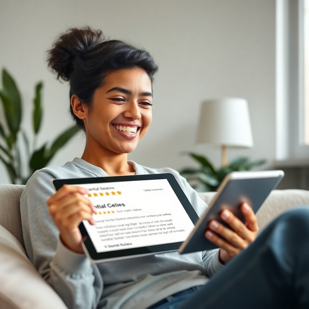 A photorealistic, 4K resolution image of a person happily reading online reviews on their tablet, smiling at the positive reviews about a dental clinic. The image should focus on positive emotions and depict a relaxing, friendly atmosphere, ensuring an easy-to-understand visual.
