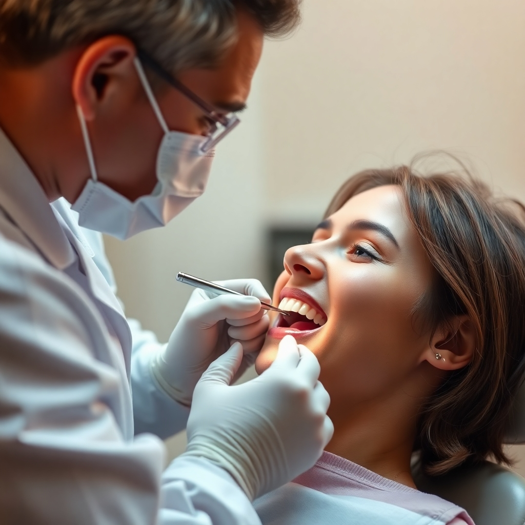 A photorealistic, 4K resolution image of a dentist performing a routine check-up on a patient.  The color palette should be warm and calming. Focus on the detailed precision and care taken during the procedure.