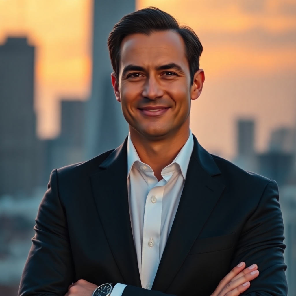 A photorealistic, 8K resolution image depicting a confident businessperson, sharply dressed in a modern suit, smiling subtly.  The background features a blurred cityscape at sunset, suggesting ambition and success. The lighting is warm and golden, reminiscent of cinematic lighting. The image showcases a clean, minimalist aesthetic, with a soft, diffused glow around the subject.  The color palette is sophisticated, incorporating deep blues, warm golds, and subtle grays.  The camera angle is a slightly low, three-quarter view, emphasizing the businessperson's confidence and professionalism. The texture of the suit is smooth and luxurious, contrasting with the rough texture of the city backdrop.  The overall mood is calm, yet powerful and aspirational.  The image should evoke a sense of trust and reliability.  Style reference: Annie Leibovitz.  The image should be hyperrealistic and ultra-detailed, paying close attention to subtle details like skin texture, fabric folds, and light reflections.
