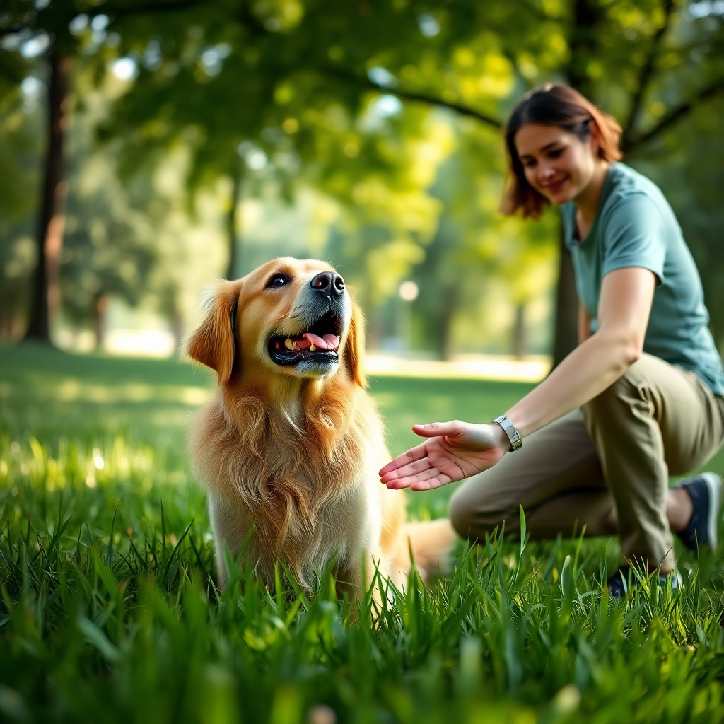 A photorealistic, 8K resolution image depicting a golden retriever attentively following its owner's hand signals in a lush green park under soft diffused sunlight. The color palette should be warm and inviting, emphasizing the natural tones of the park. The camera angle is slightly low, emphasizing the dog's attentiveness. The image should convey a sense of calm and trust between dog and owner. The owner is wearing casual clothing and smiling gently.  The texture of the grass, the dog's fur, and the owner's clothing should be highly detailed. Include subtle bokeh effect in the background. Style reference: Steve McCurry's photojournalistic style.  The image should exude a feeling of peaceful training session in a friendly, playful environment.  The lighting should be natural, enhancing the vibrancy of the park's greenery. The composition should highlight the connection between the dog and owner.