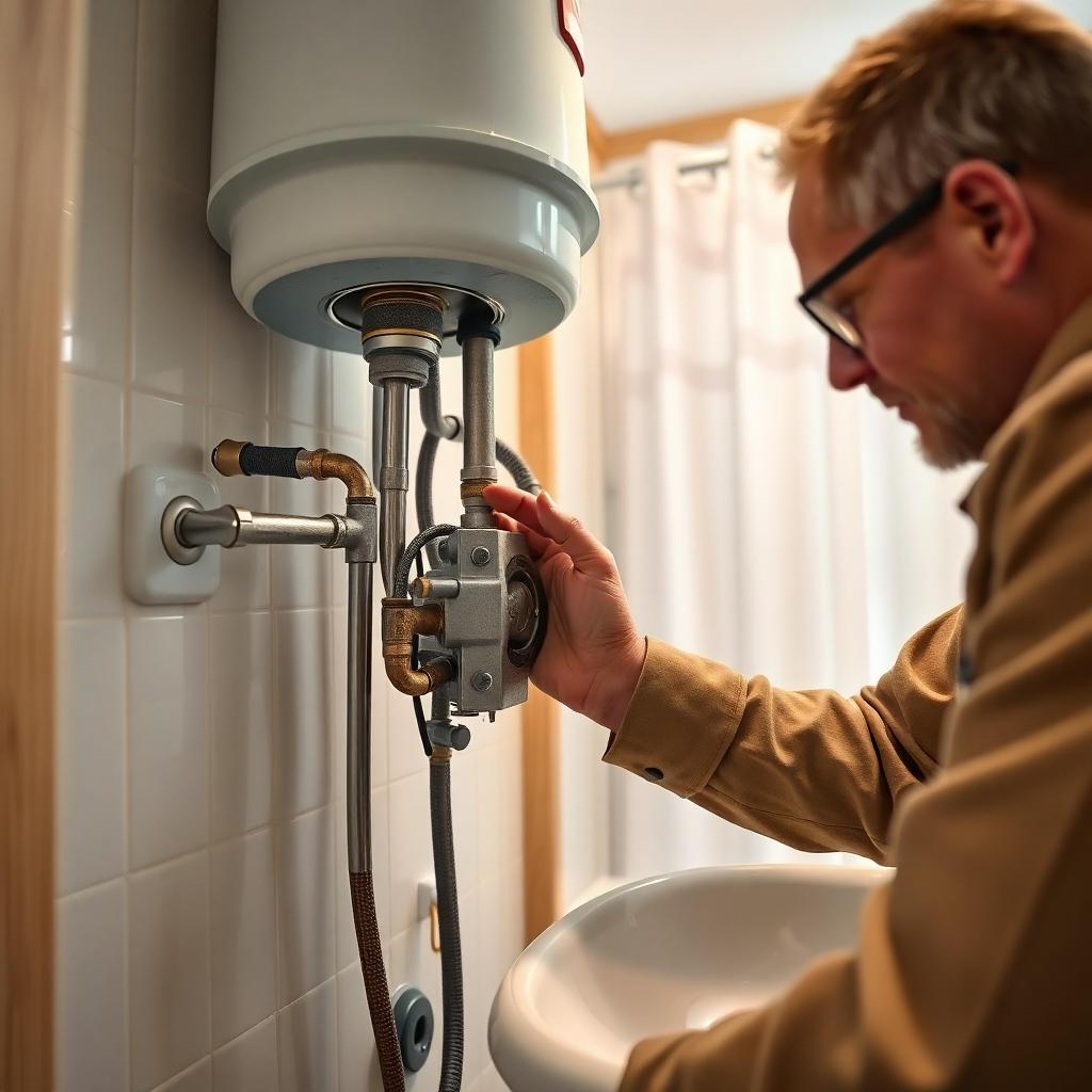 A photorealistic, 8K resolution image depicting a plumber meticulously repairing a water heater. The scene is set in a brightly lit, clean bathroom with soft, diffused lighting.  The color palette is warm and inviting, with natural wood tones and crisp white tiles. The camera angle is slightly elevated, providing a clear view of the plumber's hands working on the heater's components.  Focus should be sharp on the plumber's hands and the tools, showcasing the precision and care involved. The textures should be highly detailed; the metallic surfaces of the tools reflecting light, the worn but functional textures of the pipes, and the smooth surface of the porcelain sink.  The plumber is wearing clean work clothes and safety glasses.  The background features neatly arranged bathroom accessories and a clean white shower curtain. The overall mood is professional, efficient, and reassuring. The style should be reminiscent of a high-end home improvement magazine, with a focus on clarity and detail.  In the style of National Geographic photography, emphasizing quality and professionalism.  Ultra-detailed, hyperrealistic rendering.