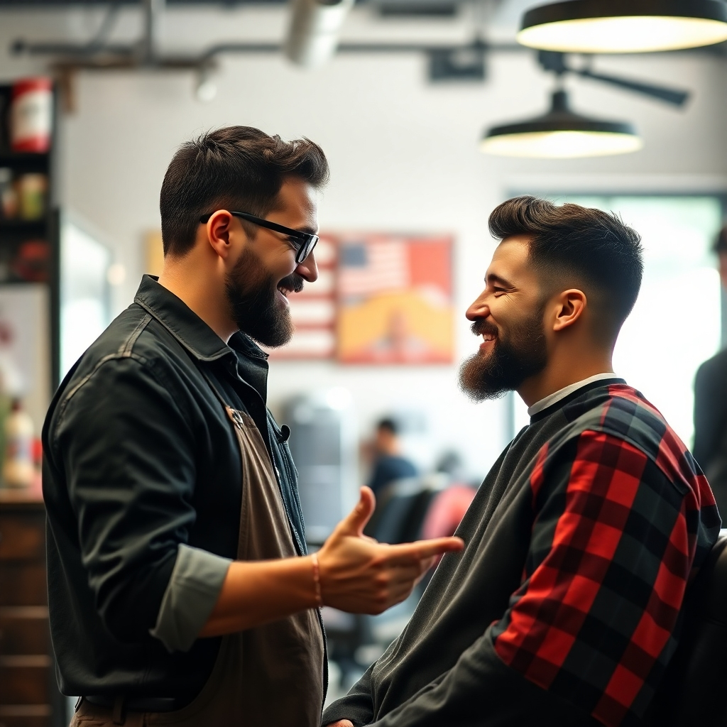 A photorealistic, candid shot capturing a lively discussion between a barber and a client in a modern barbershop, emphasizing a friendly and engaging atmosphere. The color palette should be warm and inviting. Focus on genuine conversation and a feeling of community.