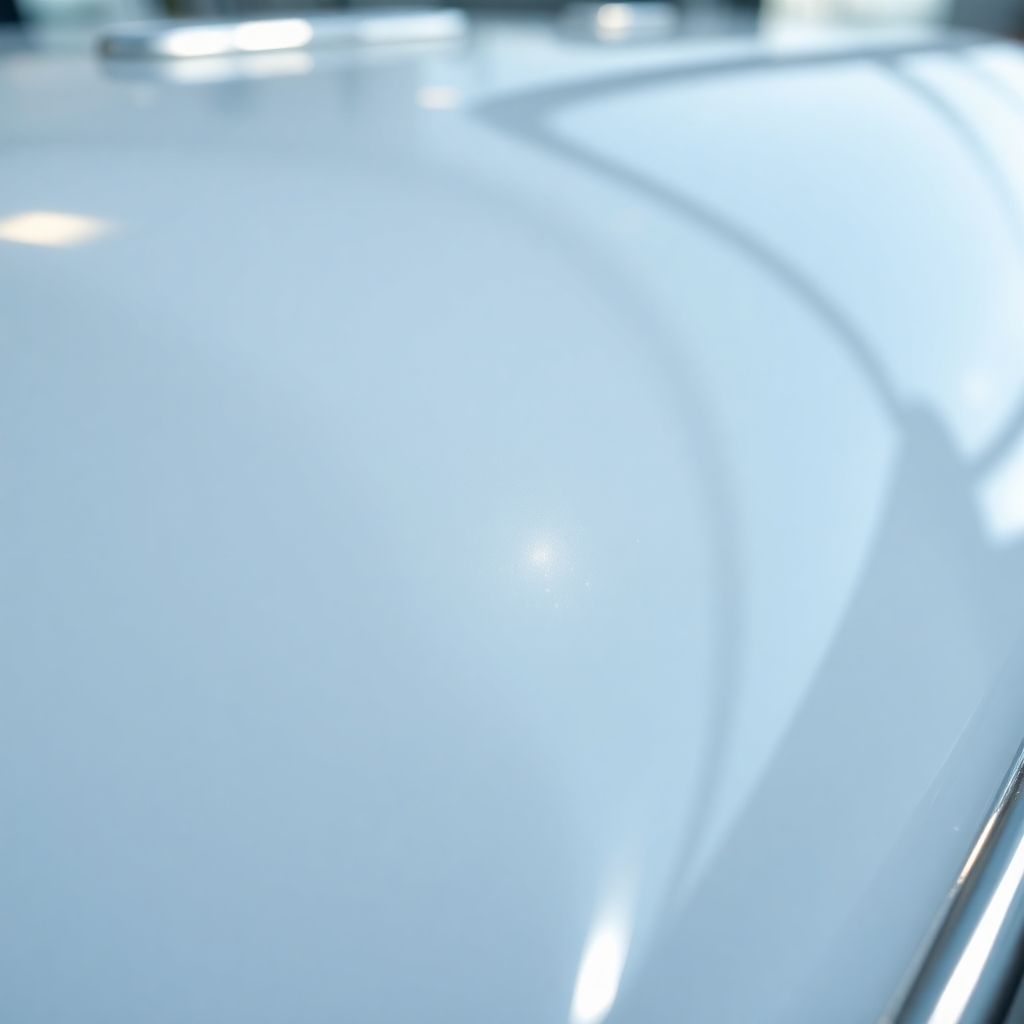 A photorealistic close-up image showcasing the smooth, gleaming finish of a boat after waxing and polishing. Use bright lighting and emphasize the deep shine and reflection. Technical specs: 4K resolution, shallow depth of field for focused shine