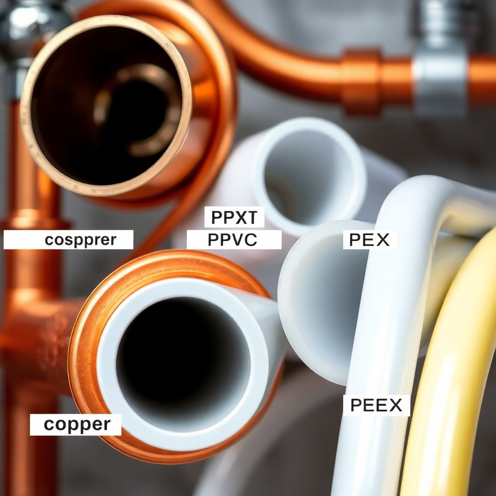 A photorealistic close-up image showcasing various types of plumbing pipes: copper, PVC, and PEX. Each pipe should be clearly labeled, with a background that highlights their typical applications (e.g., copper pipe near a faucet, PVC pipe in a wall, PEX pipe in a subfloor).  The lighting should be bright and even, with high detail and clarity.