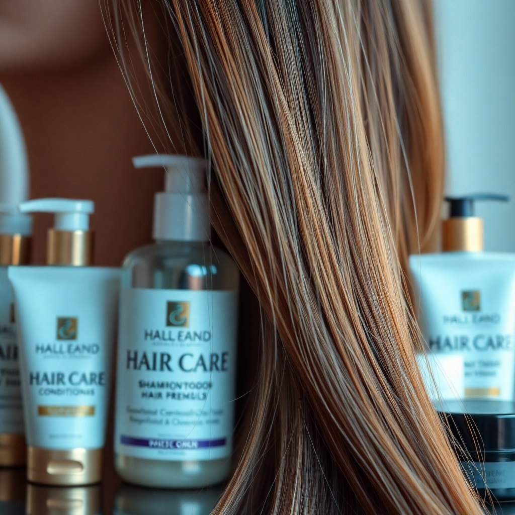 A photorealistic close-up image showcasing healthy, shiny hair.  The hair should be styled in a simple, elegant way, highlighting its natural beauty and texture.  In the background, subtly showcase various hair care products (shampoo, conditioner, hair masks) from high-end brands, emphasizing quality and care.