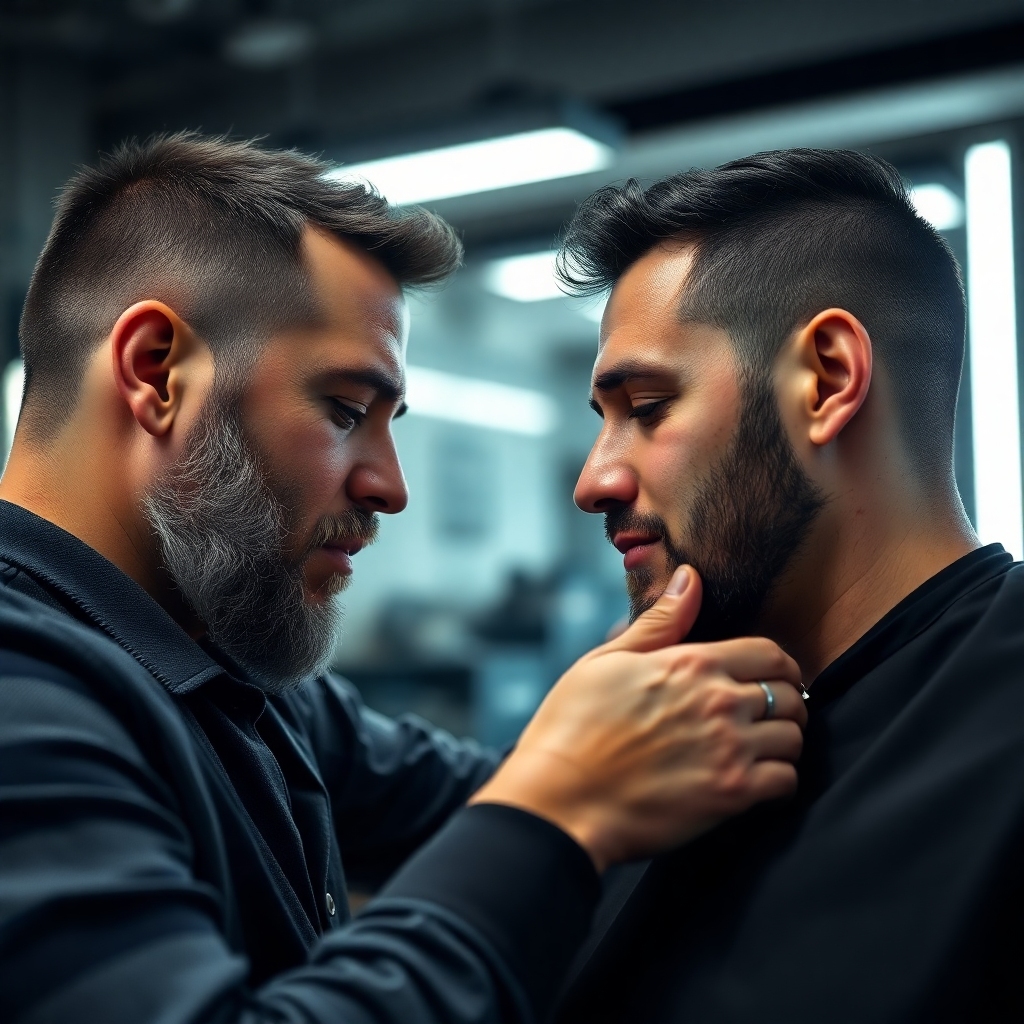 A photorealistic close-up of a barber and client interacting during a haircut, highlighting the genuine connection between the two.  The lighting and camera angle should convey a sense of trust and familiarity.