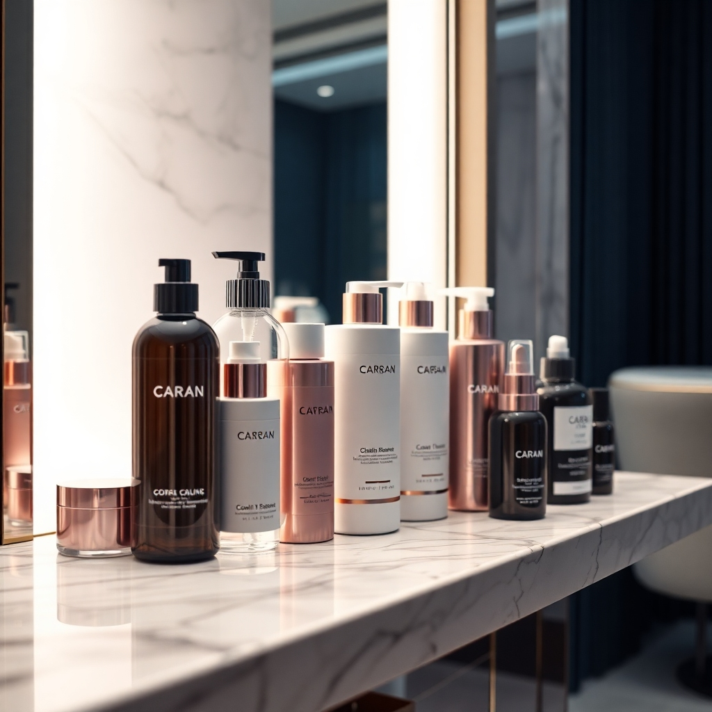 A photorealistic close-up shot of an array of high-end hair care products displayed beautifully on a marble shelf in a luxurious salon setting.  Products should appear elegant and sophisticated with clearly visible labels, showcasing brand names. Soft lighting with shallow depth of field focusing on the product details.