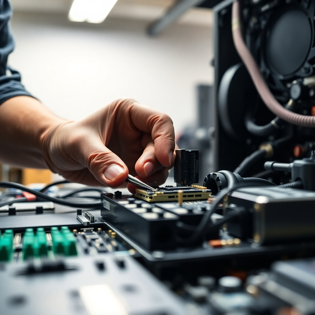 A photorealistic close-up shot of a technician's hands expertly replacing a computer component; focus on the precision and care. High-quality components and tools are visible. The background is a clean, well-lit workshop. The image conveys professionalism and expertise.
