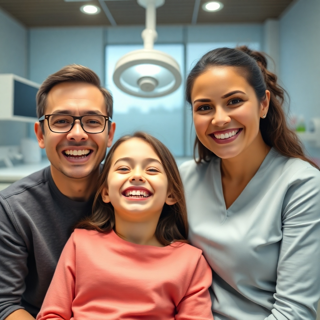 A photorealistic image, 4K resolution, of a family happily smiling together after completing their dental check-ups. Show a modern and well-equipped dental office in the background. Focus on the positive experience and the warm friendly atmosphere.