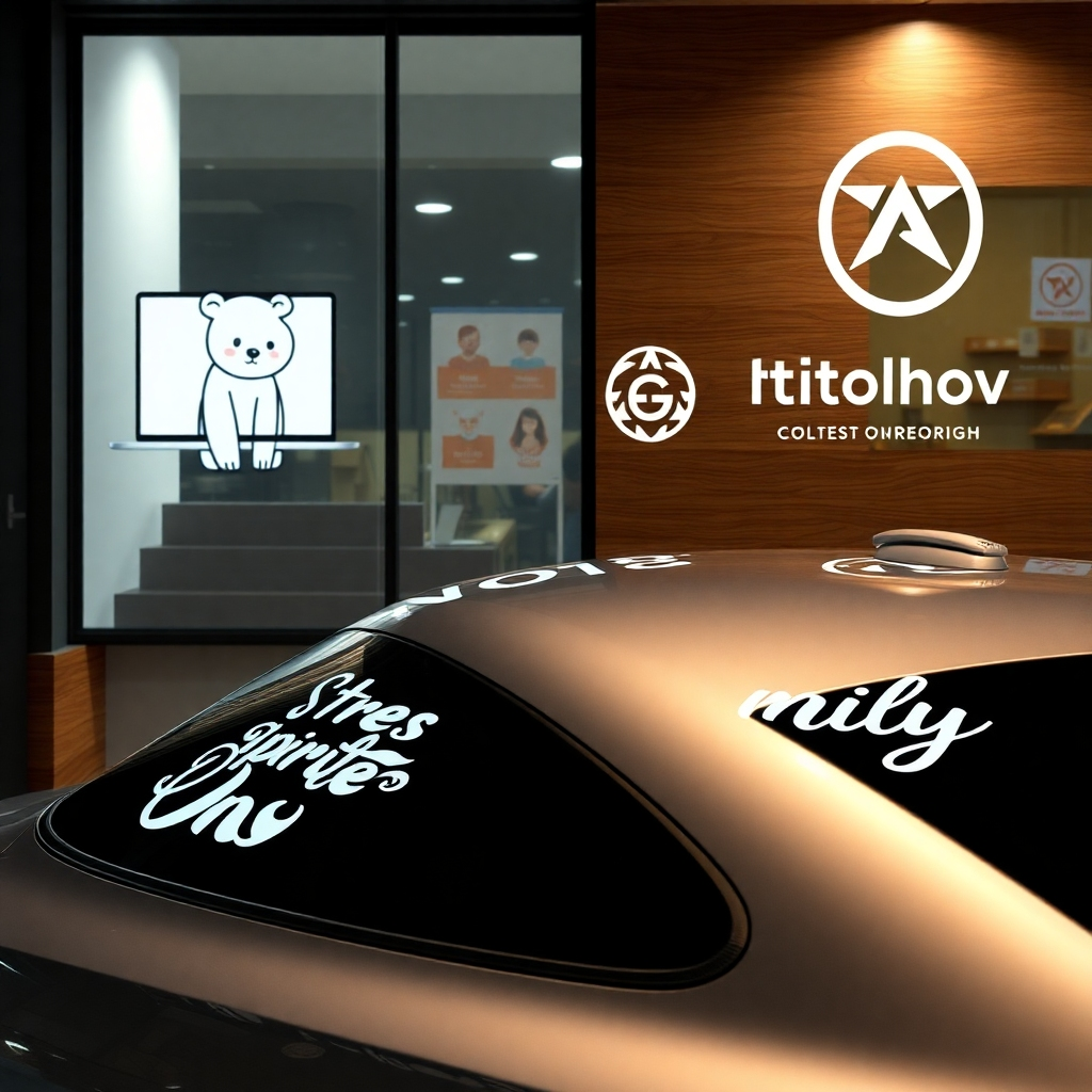 A photorealistic image, 8K resolution, of a variety of custom-designed decals applied to different surfaces.  The image should feature a mix of large and small decals, showcasing diverse designs and printing techniques. One decal depicts a whimsical illustration of a playful animal on a laptop, another showcases a sophisticated logo on a storefront window, and a third shows a personalized family name on a car window. Soft diffused lighting illuminates the scene, providing even illumination on the decals and the surfaces they adorn. The surfaces should include a smooth glass window, a textured wooden surface, and a metallic car hood. The decals should appear vibrant and highly detailed, with crisp lines and bold colors.  The style is inspired by contemporary product photography, focusing on clean lines and high-quality imagery.  The color palette should be varied, showcasing the wide range of colors achievable through the printing process, and the overall mood should be playful and optimistic, emphasizing the versatility of the decal printing service.