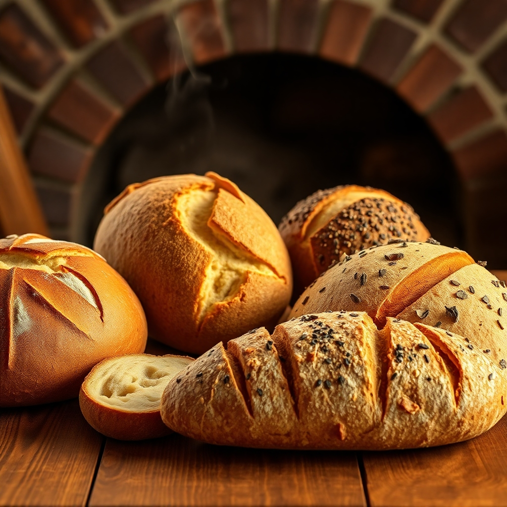 A photorealistic image, 8k resolution, showcasing a variety of artisan breads arranged on a rustic wooden table.  The breads include a crusty sourdough boule, a fluffy brioche, a chewy multigrain loaf, and a rustic rosemary focaccia. The lighting is warm and inviting, mimicking the golden hour light, highlighting the textures and colors of each loaf.  The camera angle is slightly high, capturing the breads from a slightly elevated perspective. The overall mood is warm and inviting, emphasizing the wholesome quality of the products. The background includes a blurred view of a traditional brick oven. The style is inspired by the work of photographer,  Andrew Scrivener. The breads should appear freshly baked, with visible steam emanating slightly, textures are deeply detailed and crusts are realistically depicted with subtle cracks.  The color palette emphasizes warm browns, golden yellows, and deep reds of the crusts, contrasting with the paler interiors of the loaves. The image should exude a feeling of rustic charm and artisanal craftsmanship. The scene should feel inviting and appetizing, emphasizing the quality and taste of the freshly baked bread.