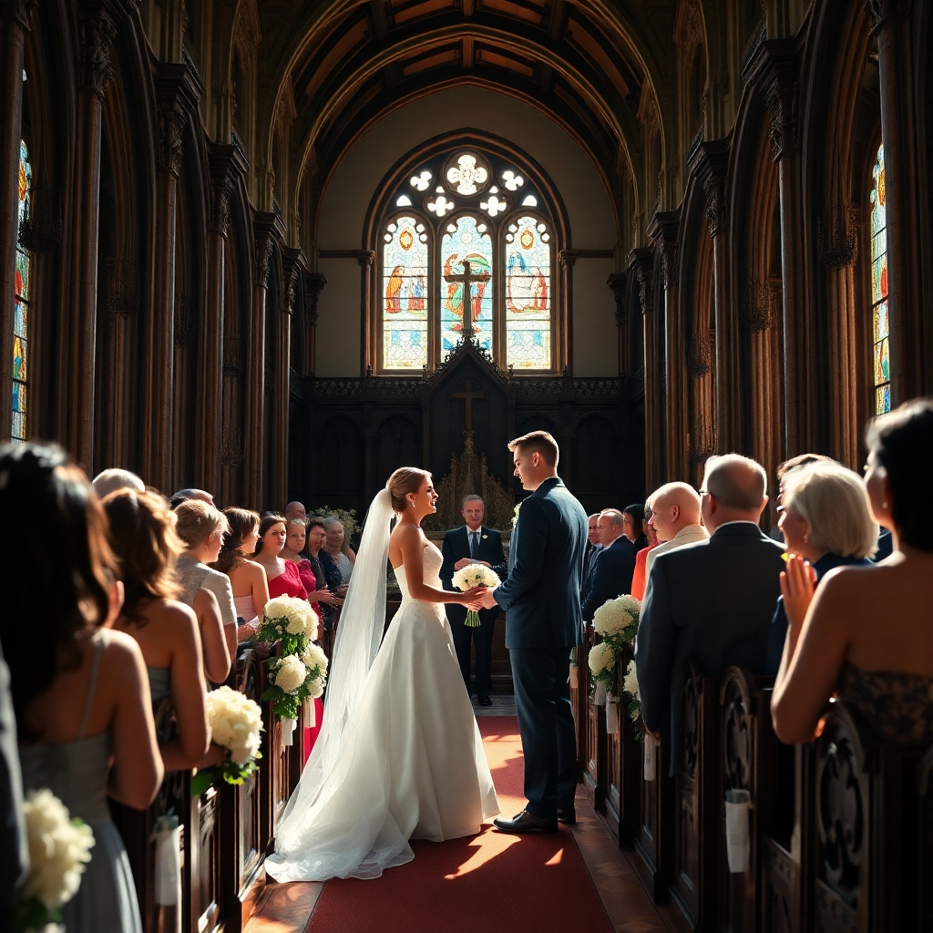 A photorealistic image, 8k resolution, of a wedding ceremony taking place in a beautiful, historic church.  Dramatic side lighting creates strong shadows and highlights, enhancing the architectural details. The bride and groom stand at the altar, exchanging vows, their faces radiant with happiness. The church is filled with guests, elegantly dressed, their faces reflecting joy and emotion. The altar is adorned with an abundance of white flowers, creating a breathtaking focal point.  The color palette is bright and vibrant, emphasizing the joy and celebration.  High attention to detail: the textures of the wedding dress, the groom’s suit, the flowers, the intricate carvings on the church pews, and the subtle expressions on the faces of the guests. The camera angle is from the back of the church, slightly elevated, providing a panoramic view of the entire scene.  The overall mood is joyous, celebratory, and romantic, inspired by the wedding photography style of  Annie Leibovitz, showcasing the elegance and emotion of the day. Include elements of stained glass windows reflecting light onto the participants.