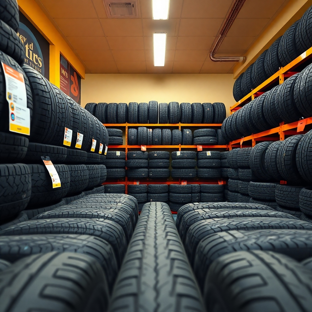 A photorealistic image, 8K resolution, hyperrealistic detail, showcasing a wide array of used tires neatly organized and displayed in a bright and spacious J&B New and Used Tires shop.  The lighting is bright and even, highlighting the quality and condition of the tires. The color palette consists of warm, inviting colors with a focus on showcasing the tires' condition. The camera angle is slightly elevated, allowing a view of several rows of tires.  Each tire is clearly visible, emphasizing their tread depth and overall condition. Textures are highly detailed; the rubber's wear and tear are realistic, clearly showing quality.  Props include detailed tire condition reports, and tire pressure gauges. Background elements include neatly organized shelves, and well-lit walls, conveying organization and cleanliness. The image is styled after professional product photography, emphasizing the quality of the used tires. The mood is professional and trustworthy, implying quality and value. The composition is such that the used tires are the main focus, promoting their quality.