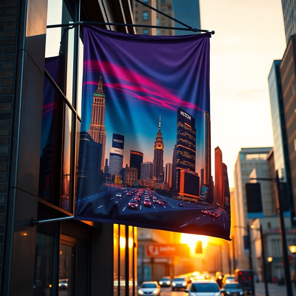 A photorealistic image, 8K resolution, of a vibrant, large-format banner depicting a dynamic cityscape at sunset. The banner is flawlessly printed with rich colors and sharp details, hanging from a building facade. Soft, diffused golden hour lighting illuminates the scene, casting subtle shadows.  The banner's material is a high-gloss, wrinkle-free vinyl, reflecting the warm light beautifully. The background showcases a busy city street, enhancing the overall vibrancy. The camera angle is a slightly low-angle shot, emphasizing the banner's size and impact.  The style is photorealistic, evocative of the work of Annie Leibovitz in terms of composition and lighting. Texture details should include the subtle grain of the vinyl banner material and the rough texture of the brick building.  The color palette focuses on warm sunset hues with deep blues and oranges, creating a luxurious and eye-catching aesthetic. The overall mood should be one of energy and sophistication.