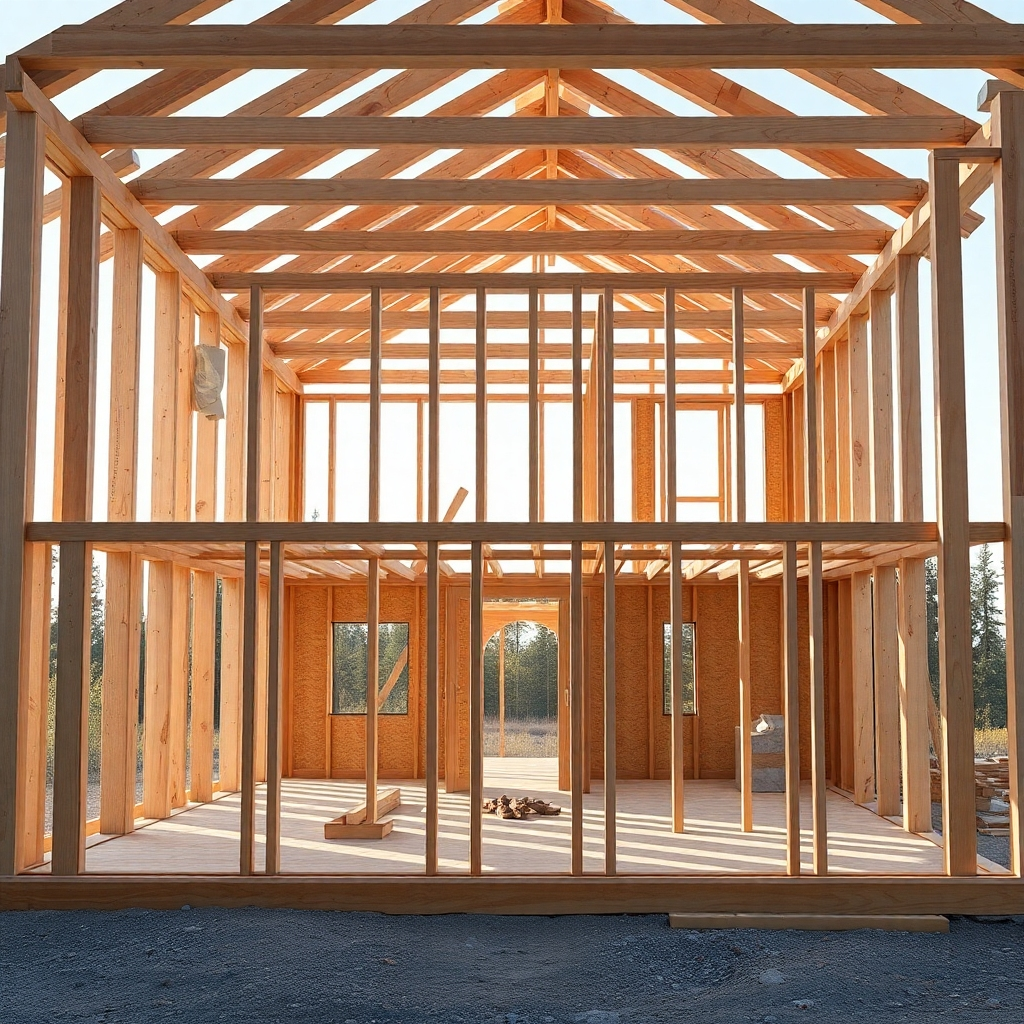 A photorealistic image depicting a house under construction, emphasizing the framing process.  Show a clear view of the wooden or steel framework, with details like wall studs, roof trusses, and floor joists clearly visible.  The image should highlight the precision and construction techniques involved.  High-resolution, detailed, and professionally lit.