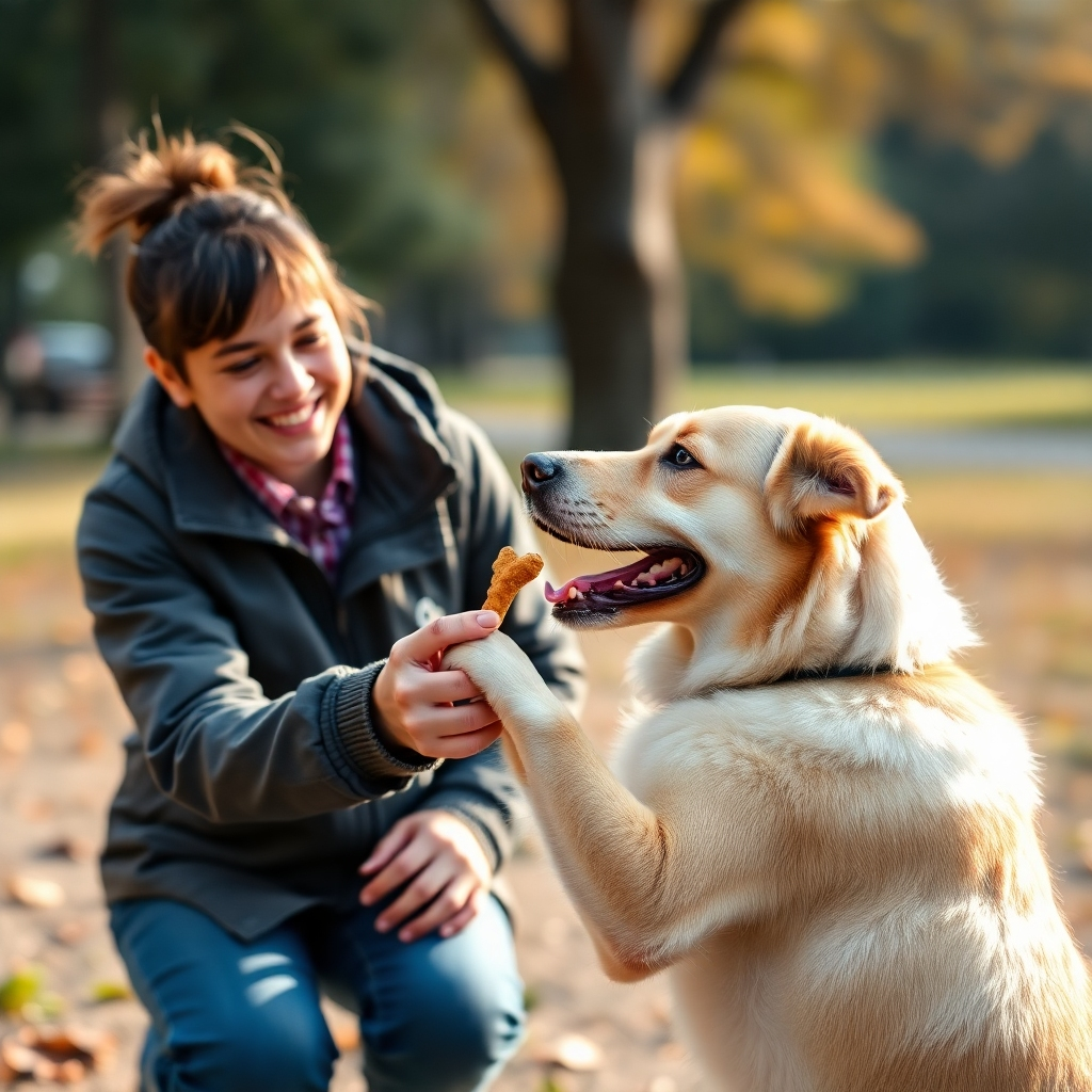 A photorealistic image depicting a dog successfully completing a trick (e.g., shaking hands or fetching a toy). The owner is beaming with pride and offering the dog a treat.  The setting should be outdoors, perhaps a park, with a shallow depth of field focusing on the dog and owner. The image should exude happiness and success.