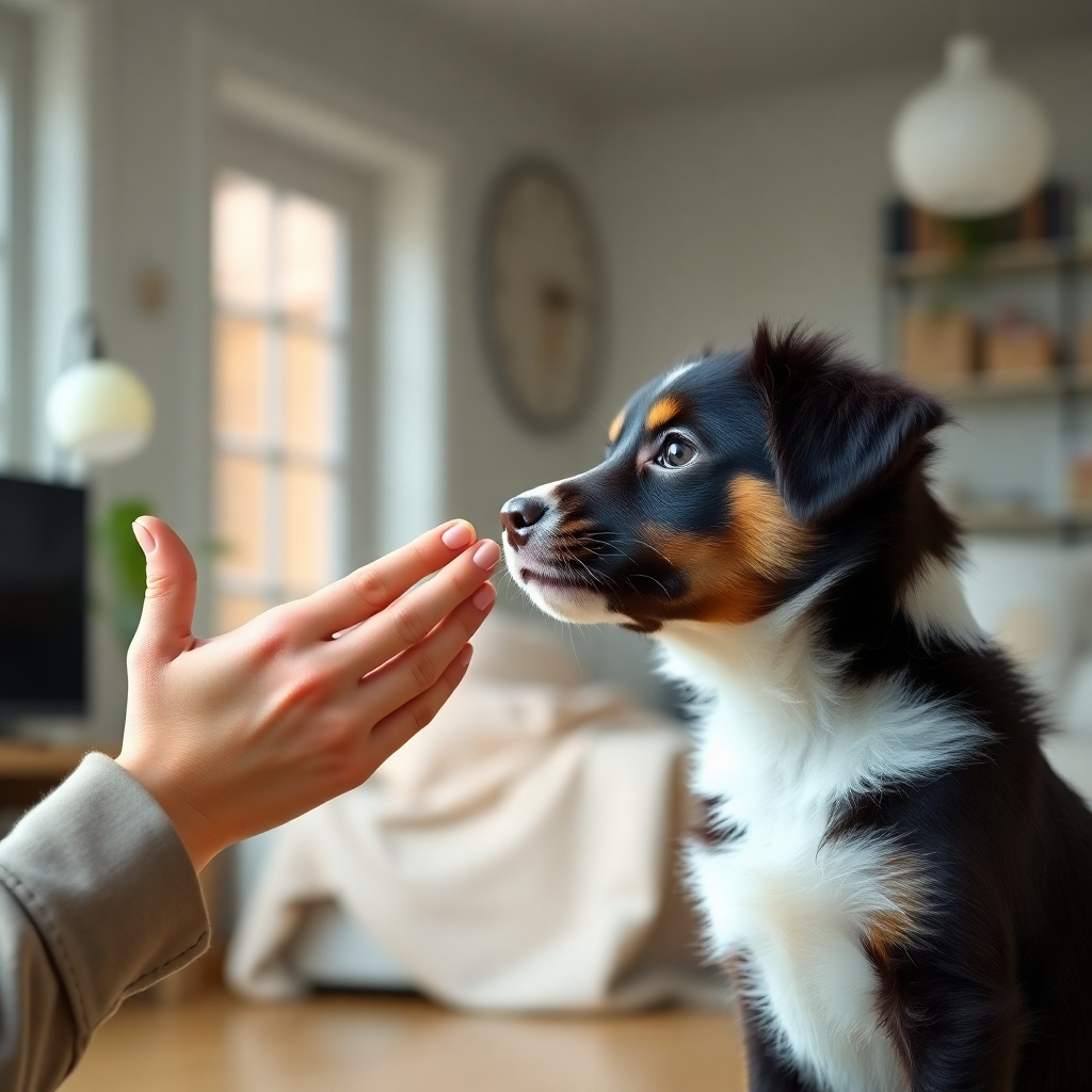 A photorealistic image depicting a person patiently repeating a simple hand gesture command to a young border collie puppy in a brightly lit home environment. The focus should be on the calm, patient expression of the person and the attentive expression of the puppy. The background should be softly blurred to keep the focus on the interaction.