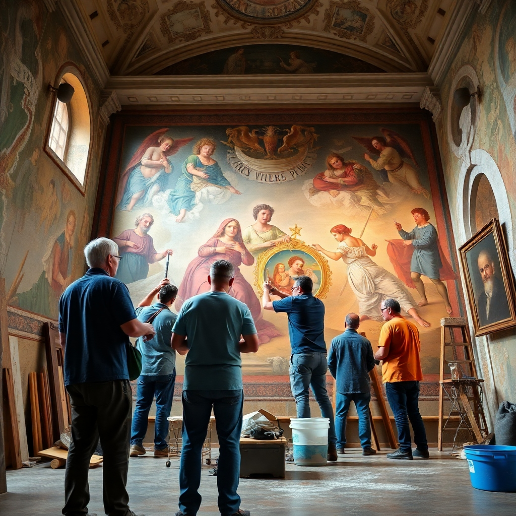 A photorealistic image depicting a team of skilled art restorers working together on a large mural in a historic building. The image should clearly showcase the collaborative efforts and the meticulous nature of their work. The lighting should be well-balanced and natural. The camera angle should be wide enough to encompass the entire scene.  The texture of the mural's paint and the surrounding environment should be clearly defined. The overall mood should be both energetic and serene, reflecting the collaborative effort and the focus on preserving the art.