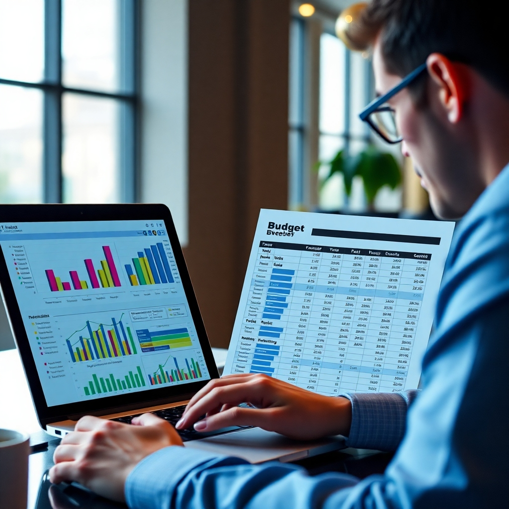 A photorealistic image depicting a person meticulously reviewing a detailed event budget spreadsheet on a laptop, with colorful charts and graphs illustrating cost distribution across different categories like venue, catering, entertainment, and marketing.  The background should be a modern, well-lit office space.