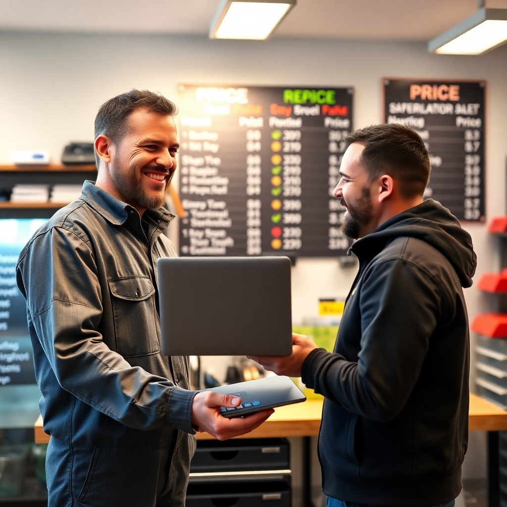 A photorealistic image depicting a friendly technician handing a satisfied customer a repaired laptop; both individuals should be smiling. The background shows a clean, welcoming repair shop with a price list clearly visible, emphasizing affordability and customer satisfaction. The image style should be warm and inviting.