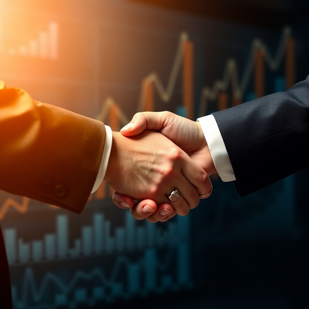 A photorealistic image depicting a handshake between a successful business owner and a financial advisor, with a background subtly showing charts and graphs indicating growth and financial success.  Money, in the form of coins or bills, should be subtly incorporated into the image.  The mood should be professional, positive, and trustworthy.  High resolution, detailed, and sharp image with warm, inviting lighting.