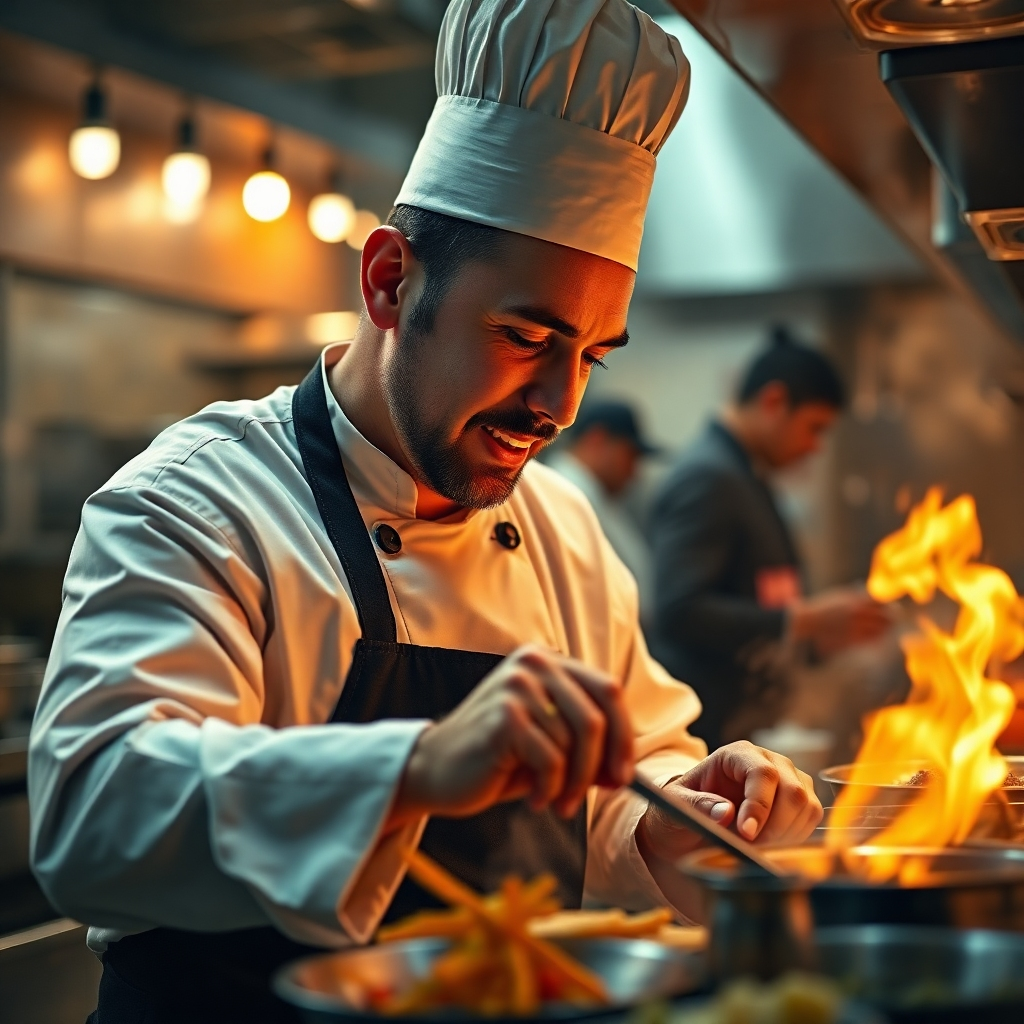 A photorealistic image depicting a chef in their element, passionately engaged in the cooking process. The composition could focus on the chef's focused expression and skillful techniques. The lighting should be dramatic but warm. The color palette should reflect the warmth and passion of the culinary arts. The camera angle could be a medium shot. The texture details should emphasize the chef's hands, the food, and the kitchen environment.  The environment is a busy, professional kitchen. The style references photojournalism, capturing the raw energy of the kitchen. The resolution is 4K and the image should be high quality.