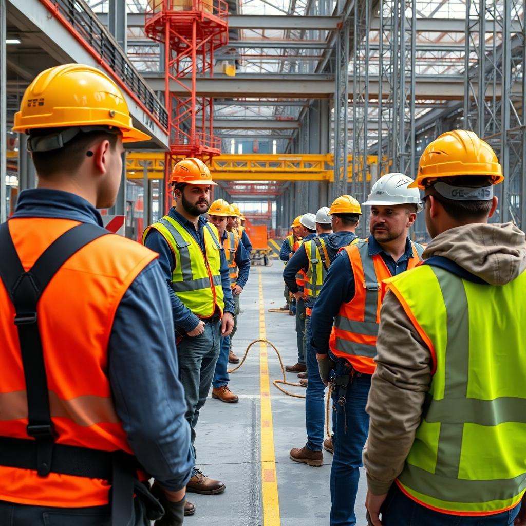 A photorealistic image depicting a construction site where workers are clearly following safety procedures, wearing appropriate protective gear such as helmets, safety vests, and harnesses.  The image should show clearly marked safety zones and equipment in use, emphasizing a safe and organized work environment.