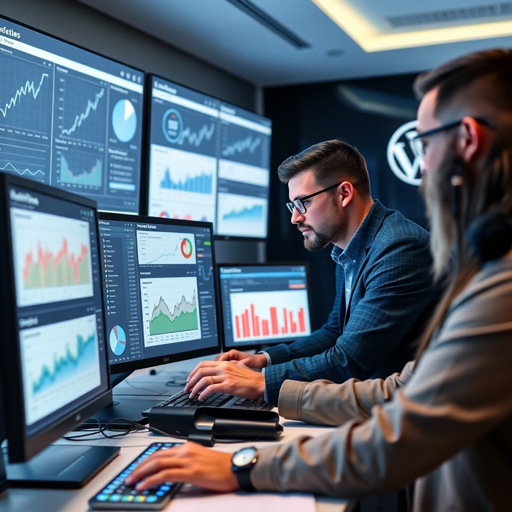 A photorealistic image depicting a professional team analyzing data on multiple computer screens, focusing on online reviews and social media sentiment. The image should show graphs, charts, and dashboards related to reputation management, with a positive overall trend. The background should include a subtle, positive brand logo and a sense of collaborative teamwork.
