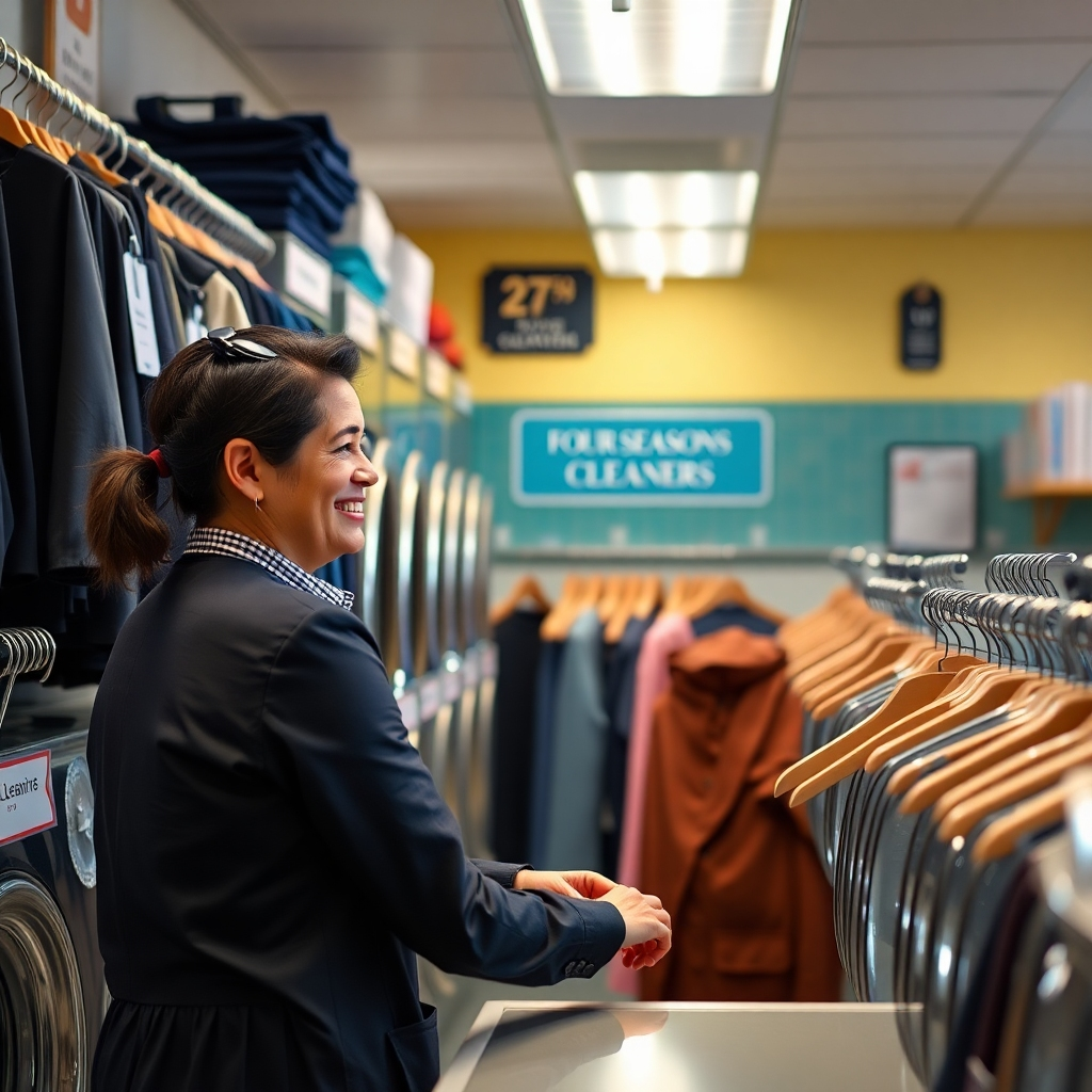 A photorealistic image depicting a friendly, smiling employee of Norman's Four Seasons Cleaners attentively helping a customer. The setting should be a clean and well-organized dry cleaning establishment.  The overall mood should convey warmth and professionalism.