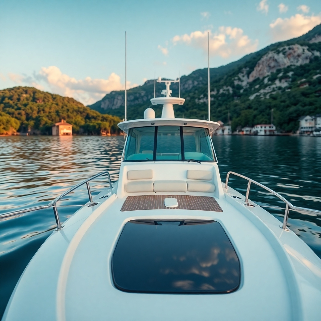 A photorealistic image depicting a beautiful, meticulously detailed boat in a picturesque setting. The emphasis is on the enhanced visual appeal after professional detailing, emphasizing the boat's value and condition. Technical specs: 4K resolution, emphasis on bright lighting and vibrant colors