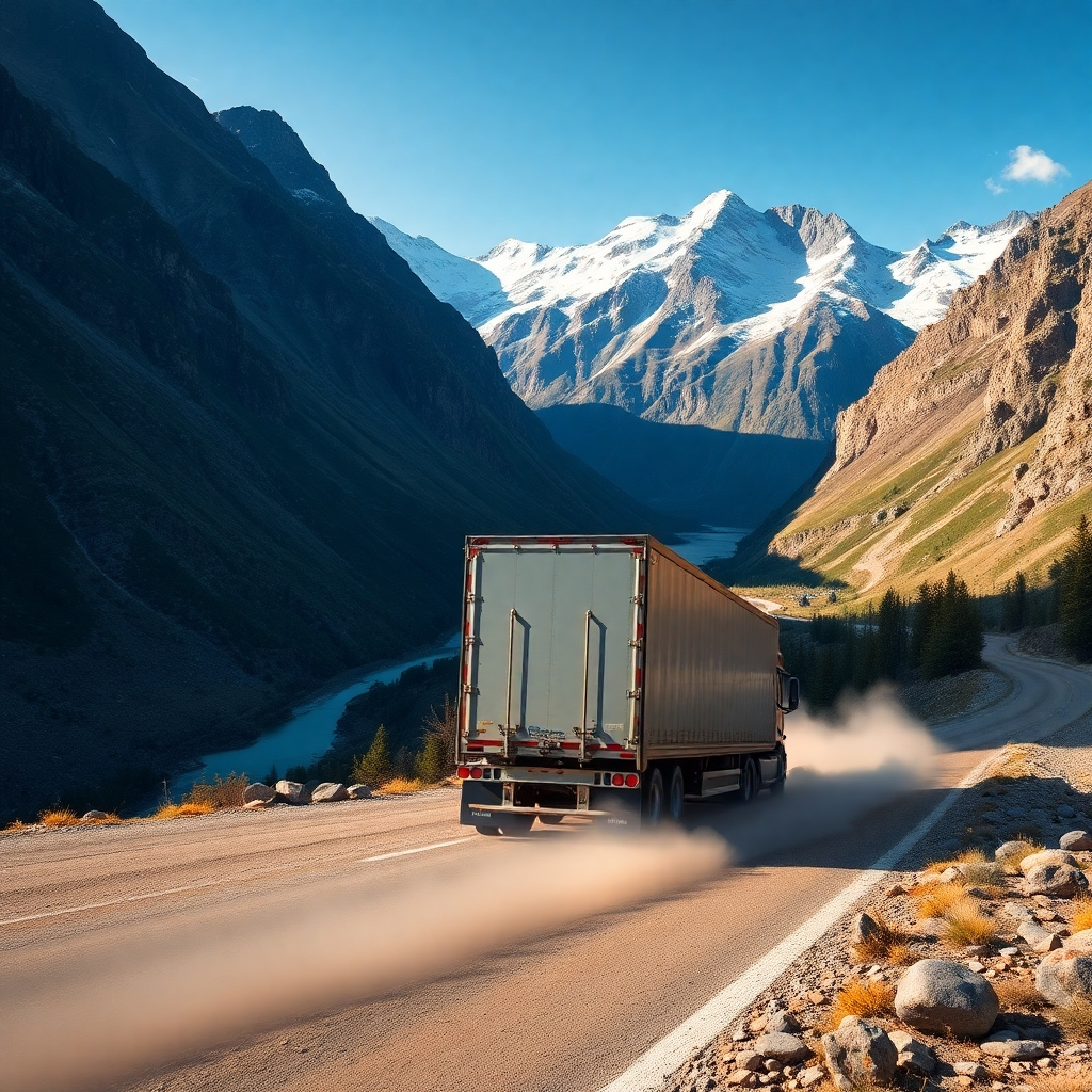 A photorealistic image depicting a semi-truck driving through a majestic mountain pass. The truck should be in motion, leaving a trail of dust behind. The background should feature stunning mountain scenery, perhaps with a river or lake visible below, showcasing the natural beauty that truckers witness on their journeys.  The image should evoke a feeling of adventure and exploration.