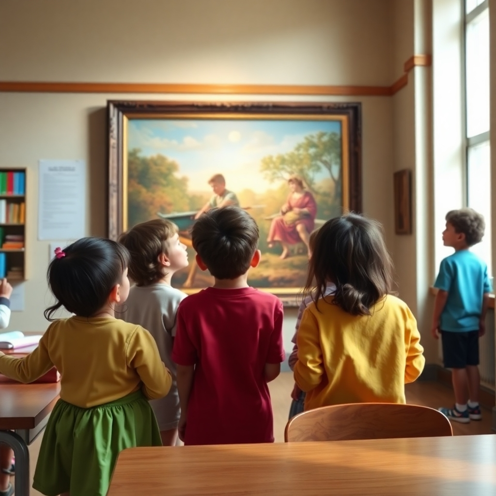 A photorealistic image depicting children admiring a restored artwork in a classroom or museum setting. The lighting should be soft and natural. The background should be a serene and educational environment. The color palette should be uplifting and inspiring. The overall mood should be optimistic, conveying the importance of preserving art for the future.