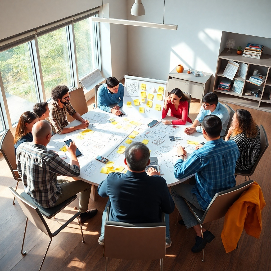 A photorealistic image depicting a brainstorming session around a large table, with diverse people, sticky notes, mood boards, and sketches of event ideas spread out.  The setting should be bright and airy, with natural light streaming in, conveying creativity and collaboration.  Focus on the collaborative energy and the visual representation of ideas.