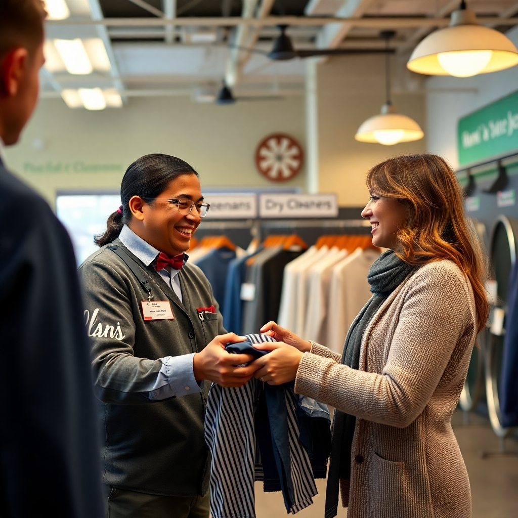 A photorealistic image depicting a friendly interaction between a Norman's Four Seasons Cleaners employee and a satisfied customer. The employee should be smiling and handing over freshly cleaned clothes to the customer. The setting should be the clean and welcoming interior of the dry cleaners, with a warm, inviting atmosphere.