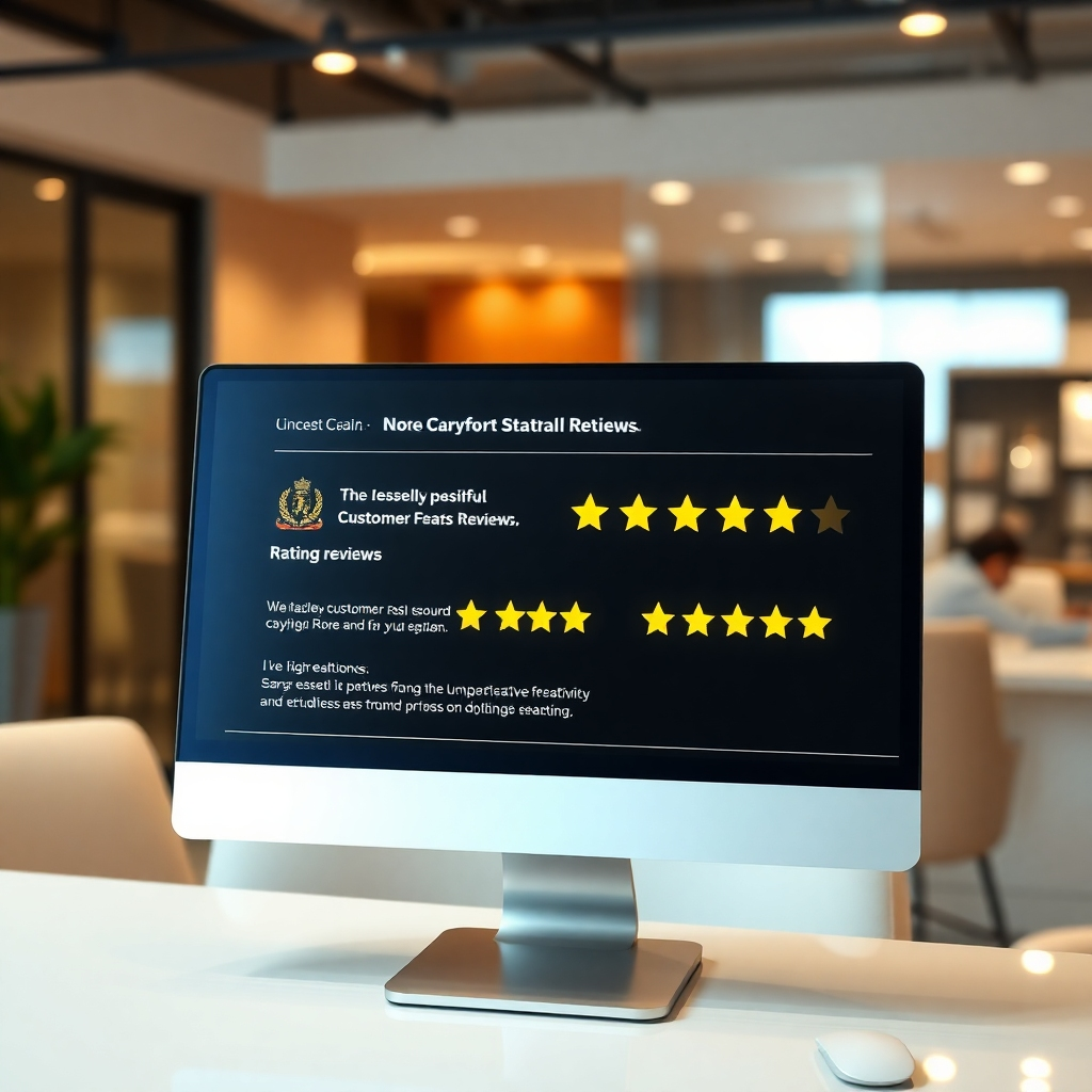 A photorealistic image depicting a computer screen displaying overwhelmingly positive customer reviews and ratings for a business.  The background should be a blurred, upscale office environment.  The screen's glow should be prominent, emphasizing the positive feedback. High resolution, sharp details, professional lighting.