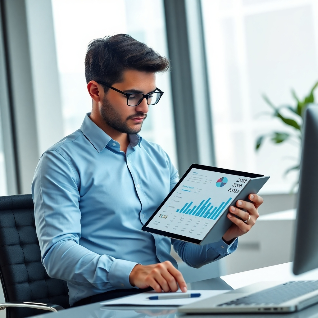 A photorealistic image depicting a modern business professional reviewing a financial report on a tablet. The image emphasizes professionalism, organization, and efficiency.  The setting should be a clean and modern office environment.  Technical specs: 4K resolution, attention to detail.