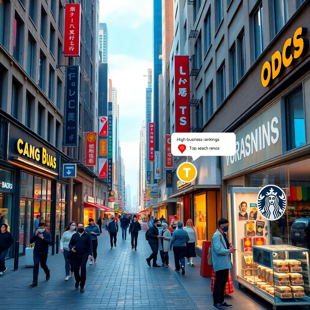 A photorealistic image depicting a vibrant city street with multiple business locations highlighted on a map interface overlaid on the scene.  The map shows high rankings for one specific business, clearly labeled, indicating top search results. The overall mood should be positive and successful, showcasing bustling activity and customer engagement at the highlighted business. High resolution, detailed, and sharp image with bright, natural lighting.