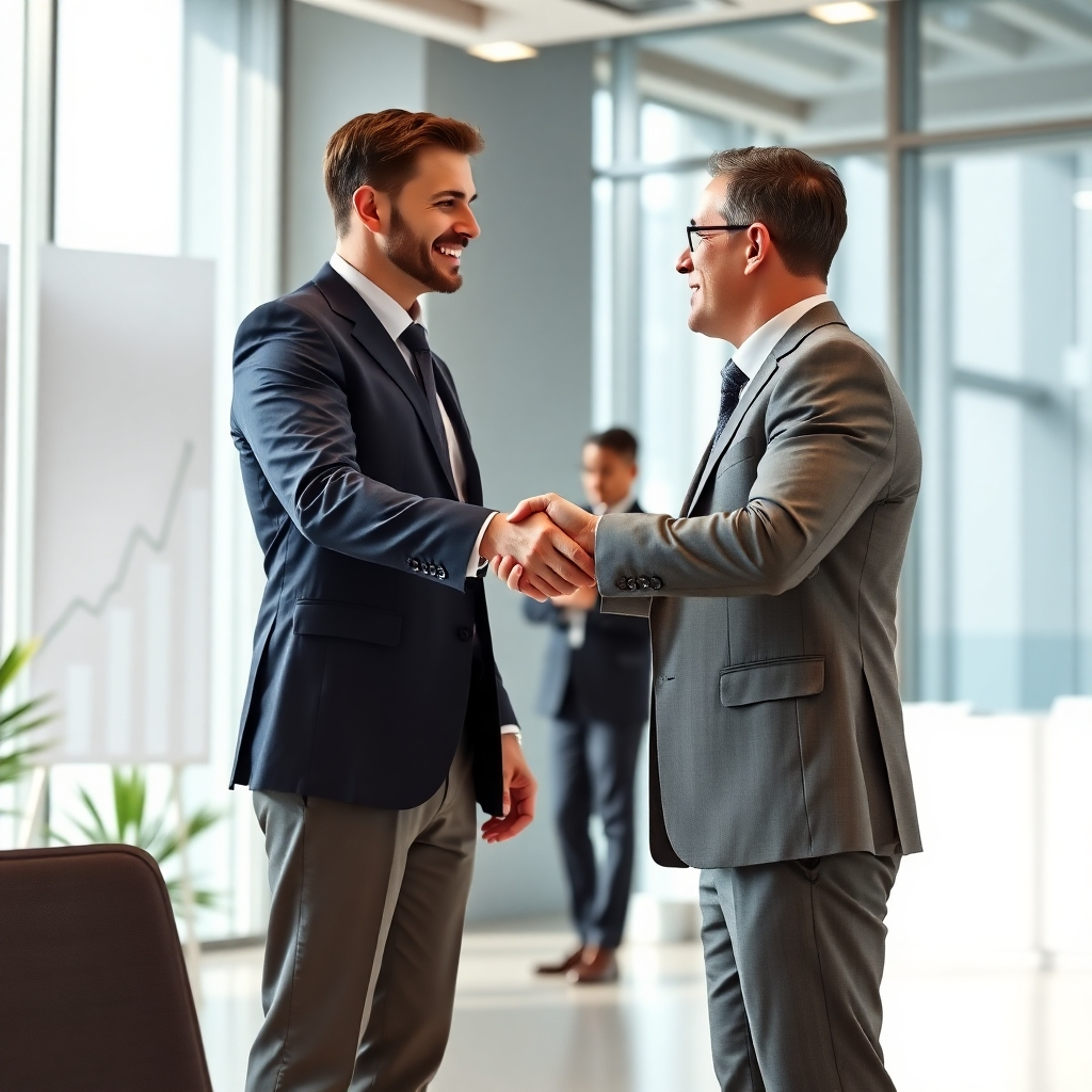 A photorealistic image depicting a business owner shaking hands with an investor in a modern, bright office setting.  A graph showing upward trending profits is subtly visible in the background. The image should convey trust, partnership, and successful investment, symbolizing the growth potential and financial security that comes with strategic funding.