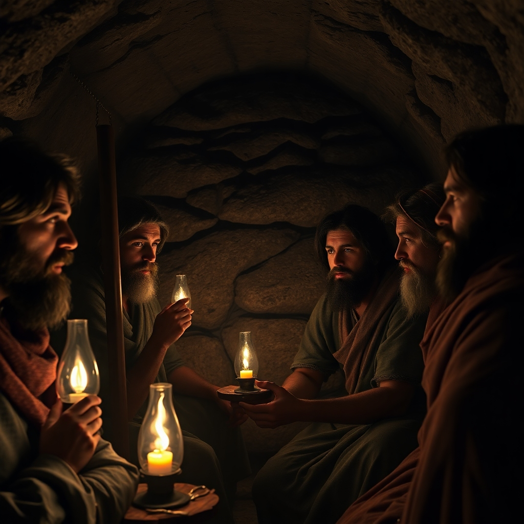 A photorealistic image depicting a scene of early Christians secretly meeting in a Roman catacomb, dimly lit by oil lamps, with expressions of faith and determination on their faces.  Focus on the detail of the catacomb walls and the expressions of hope amidst hardship. Include subtle symbolism of early Christian imagery, such as the Chi-Rho symbol.