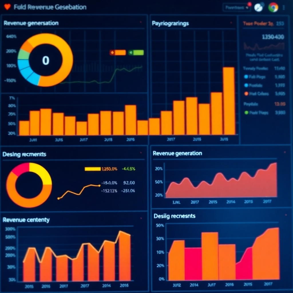 A photorealistic image depicting a financial dashboard with key metrics related to revenue recognition, possibly showing data visualizations.  The color palette should be a professional yet dynamic, reflecting the dynamic nature of revenue generation in business. Use a clear and easily understood style, making the image relevant for a sophisticated audience.