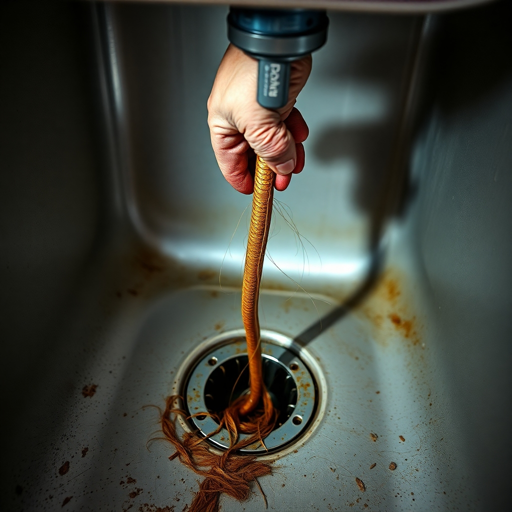 A photorealistic image depicting a plumber using a drain snake to clear a clogged drain in a kitchen sink. Show the drain snake navigating through a pipe, removing hair and debris. The background should be a realistic kitchen sink with visible gunk and grime around the drain.